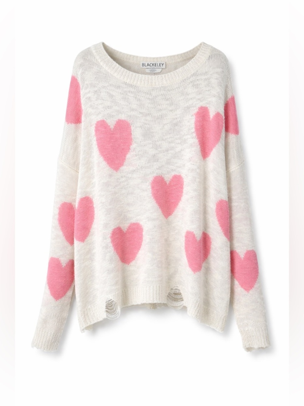 Blakeley Pink Heart Sweater Distressed Slouchy Cozy Valentine‎ Core-Large